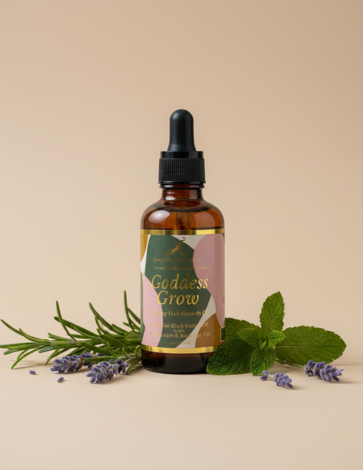 Bottle of 'Goddess Grow' with herbs and flower, (lavender, rosemary & peppermint) on a beige background.