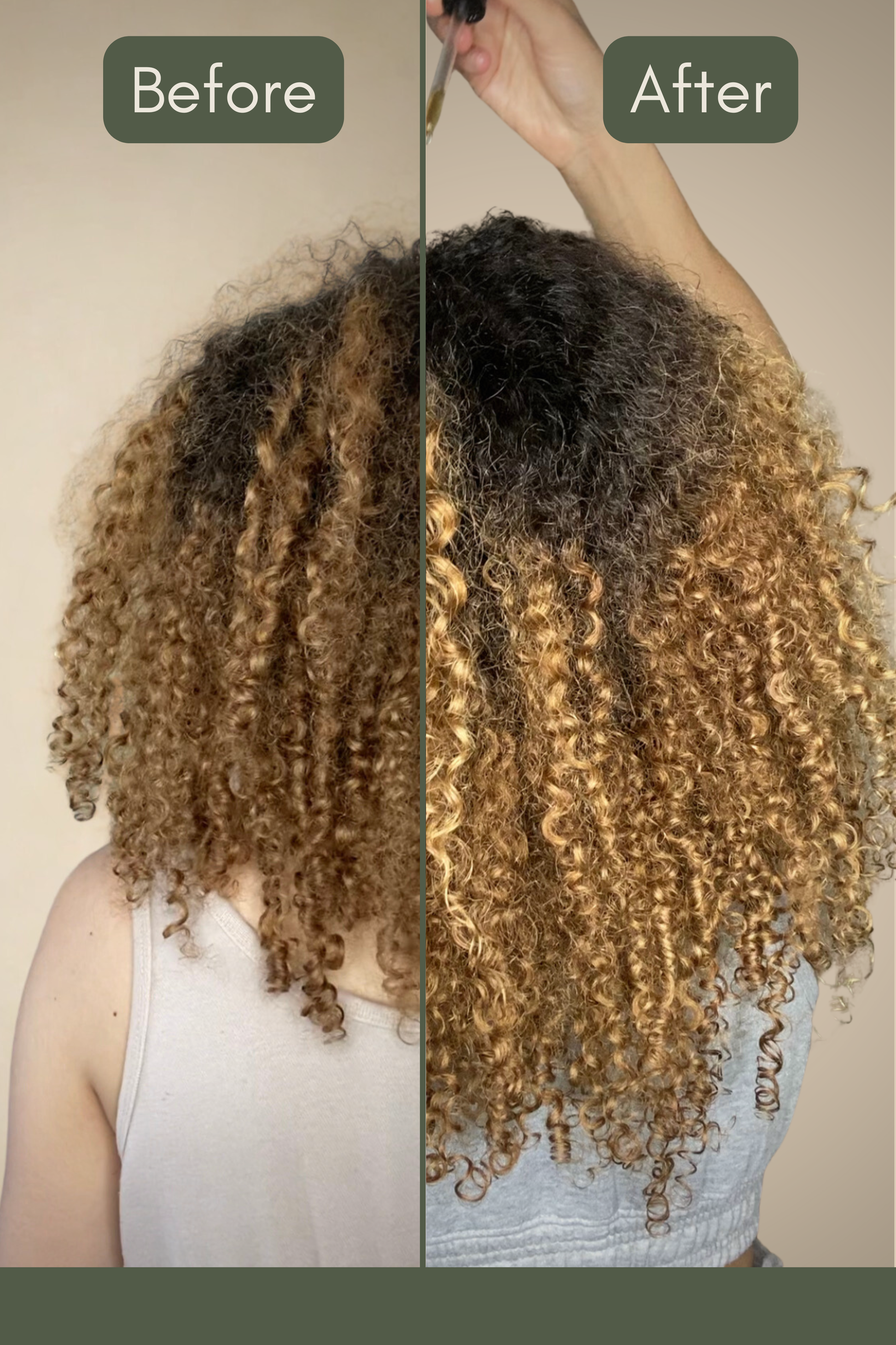Before and after comparison of a woman with curly hair, showing a hair growth after using oddess Gr hair growth oil