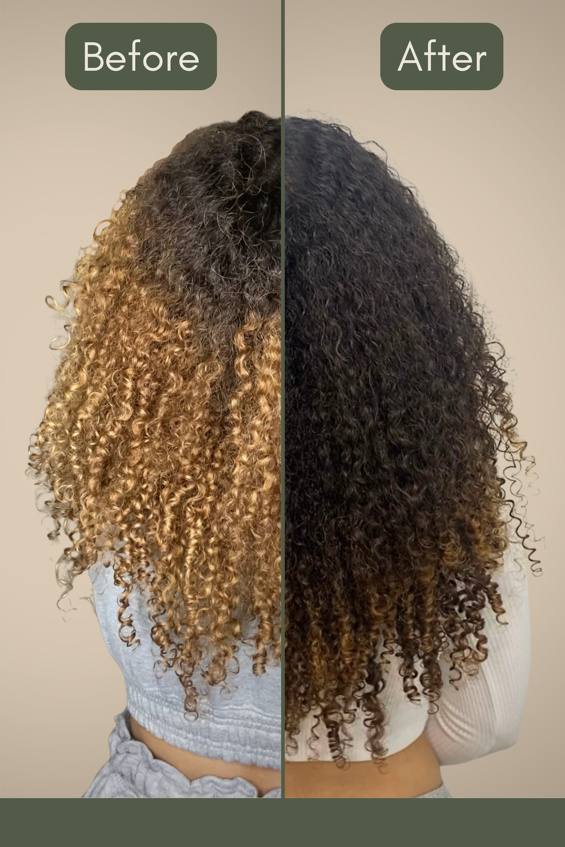 Before and after comparison of hair growth after using Goddess Grow hair growth oil on curly hair with a neutral background