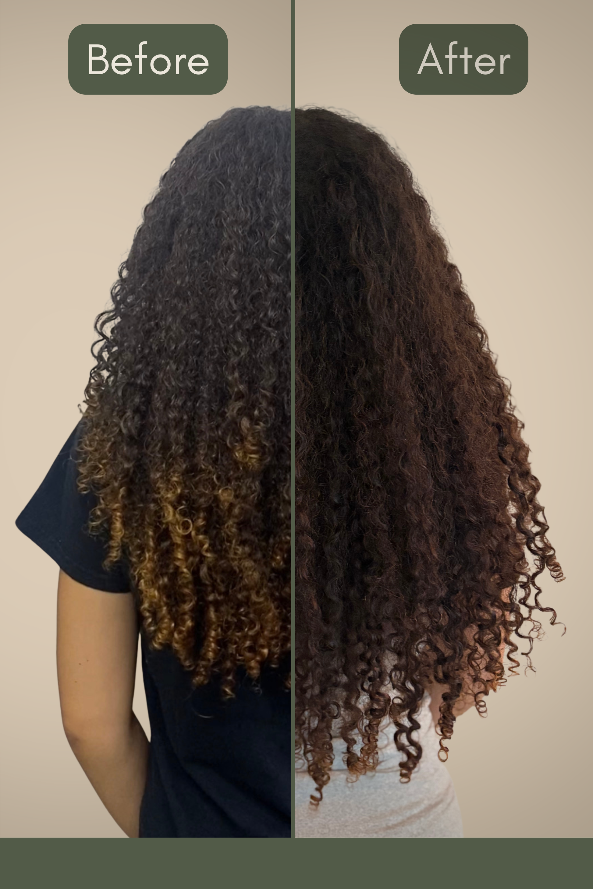 Before and after comparison of curly hair on a women showing hair growth after using Goddess Grow Herbal hair butter against a beige background
