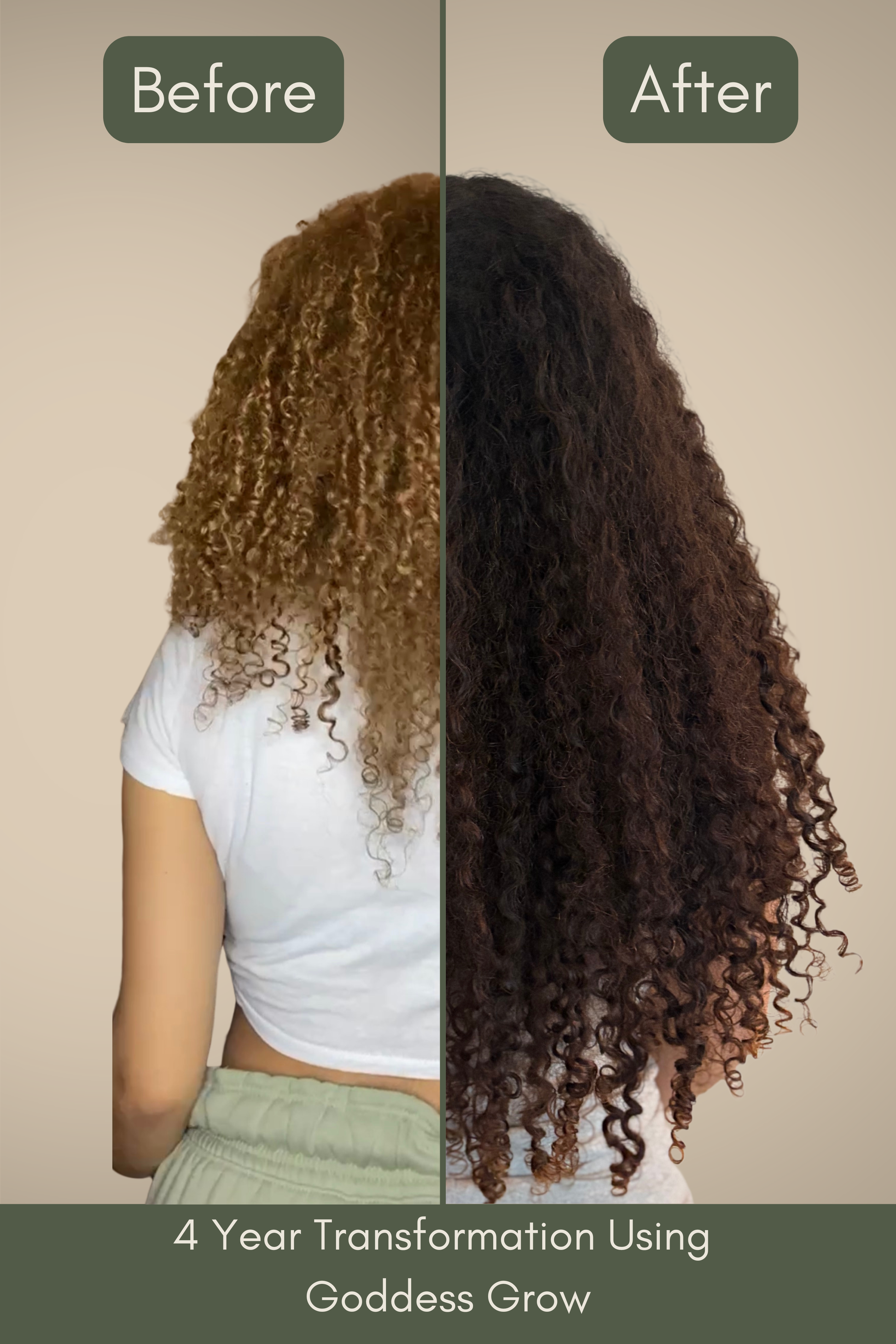 Before and after comparison of hair growth using Goddess Grow, showing a person with long, curly hair.