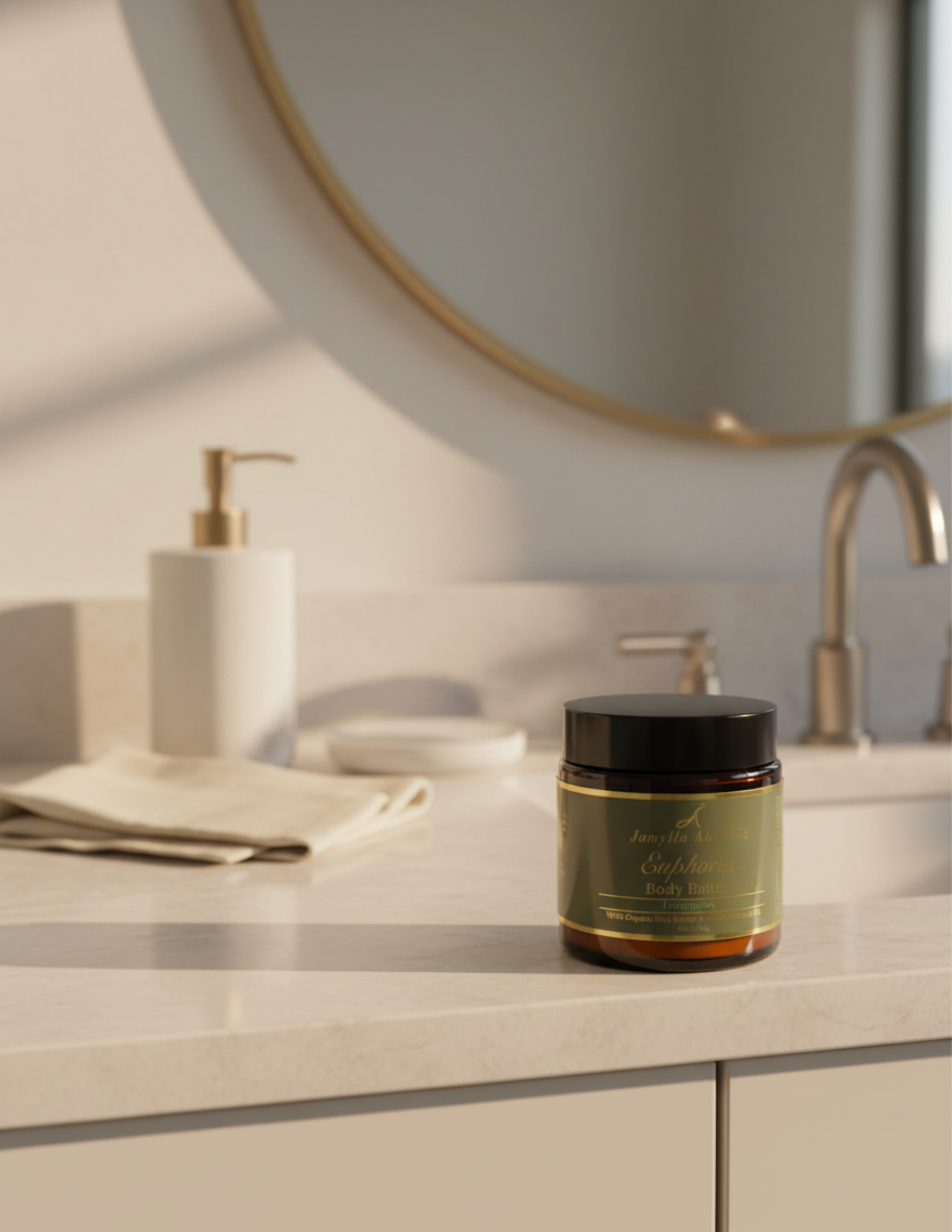 amber glass Jar with a black lid and gren and gold label of Jamylla Alaythia Euphoria Body Butter on a bathroom counter with mirror and sink in the background