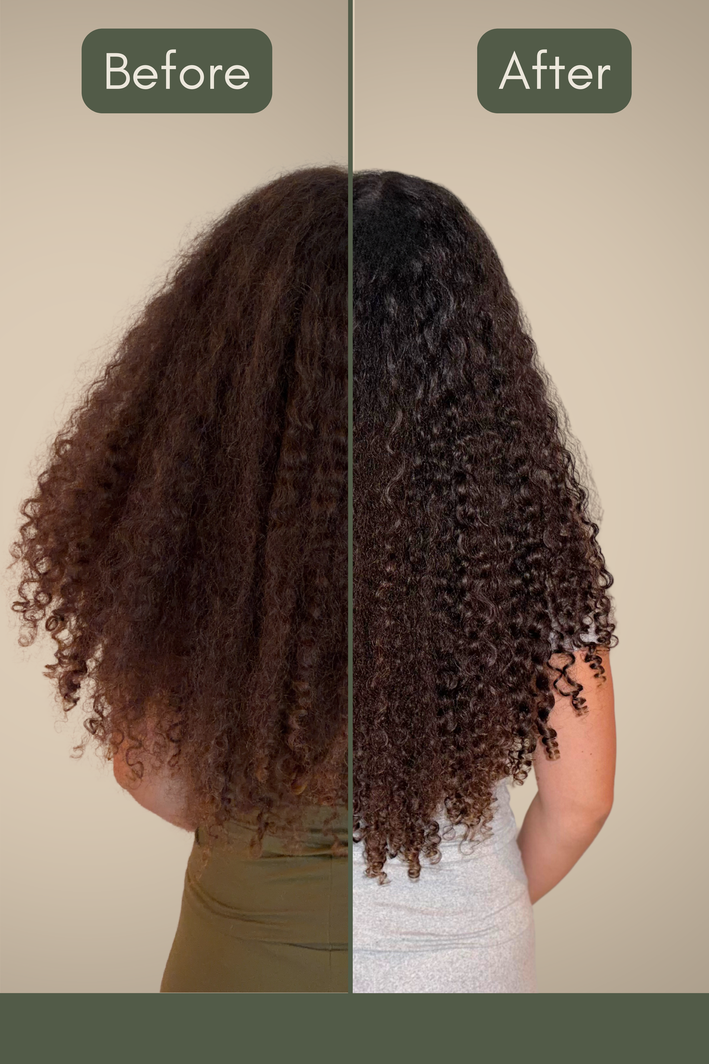 Before and after comparison of curly hair showing improved moisture on a plain background