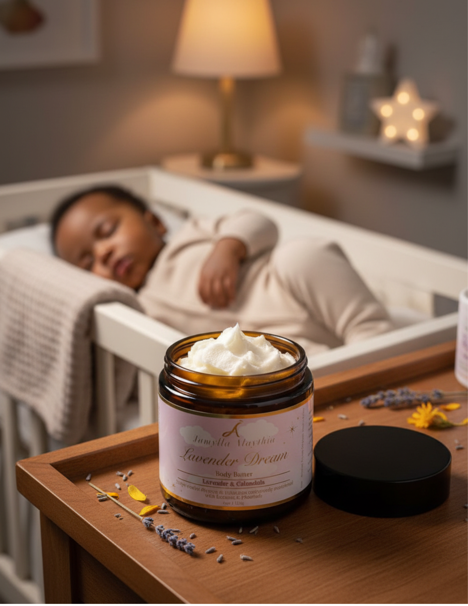 Amber glass Jar of Lavender Dream, with the lid off showing whipped body butter inside placed on a nightstand with sprinkles of lavender flowers and calendula leaves next to a brown skin baby sleeping in a crib, slightly out of focus in the background.