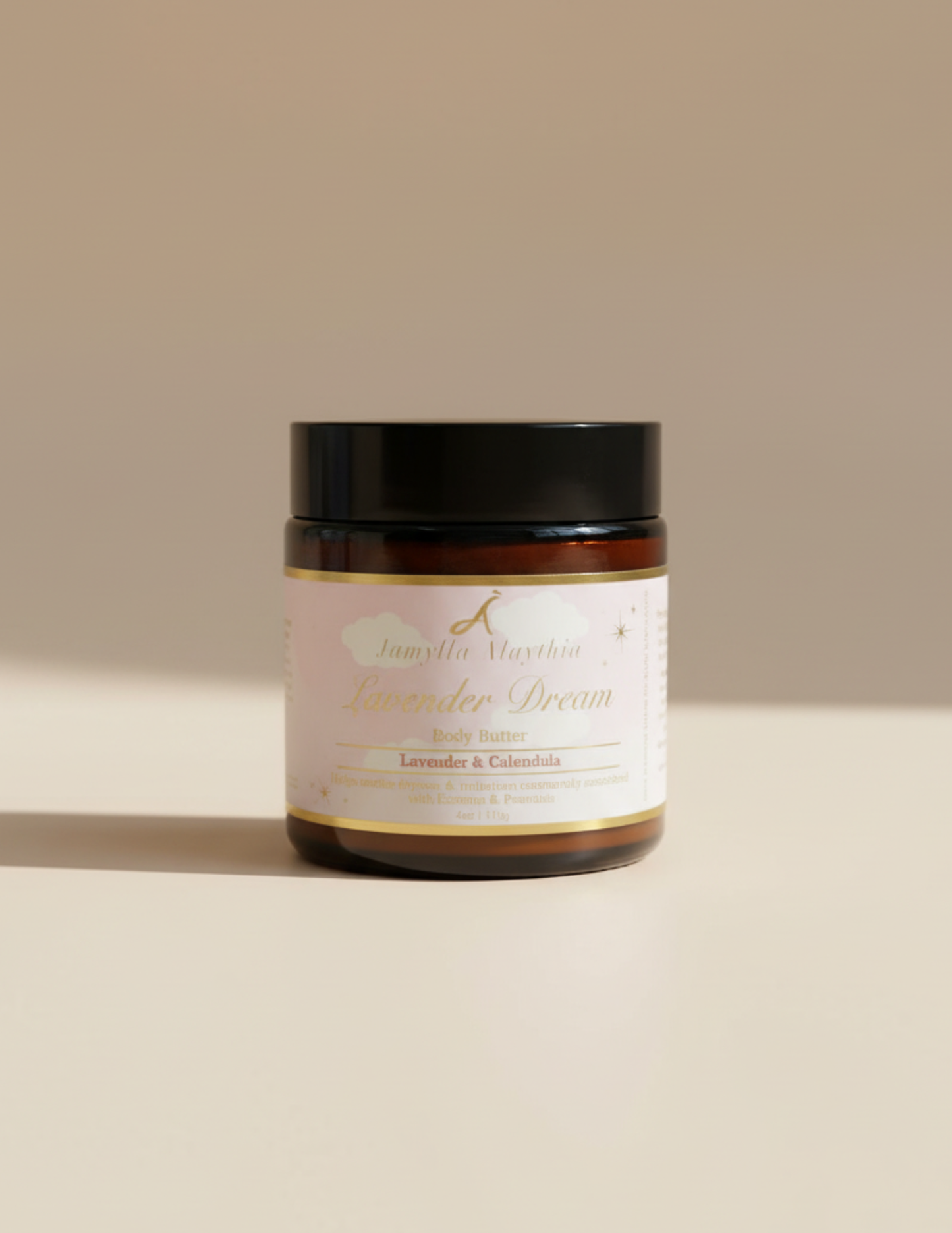 Amber glass Jar black lid of Lavender Cream on a beige background