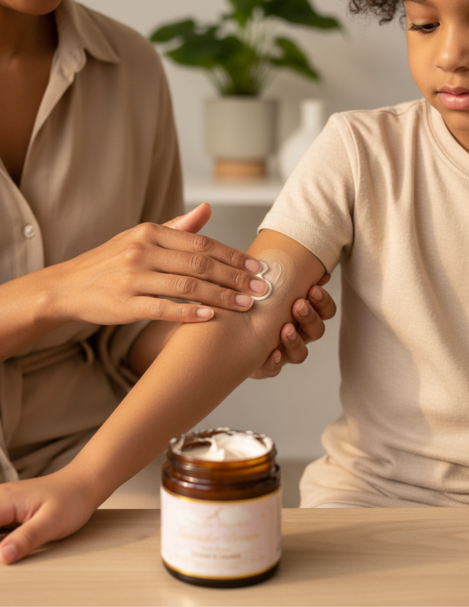 A mother applying Lavender dream to her child's arm with the jar on a table.