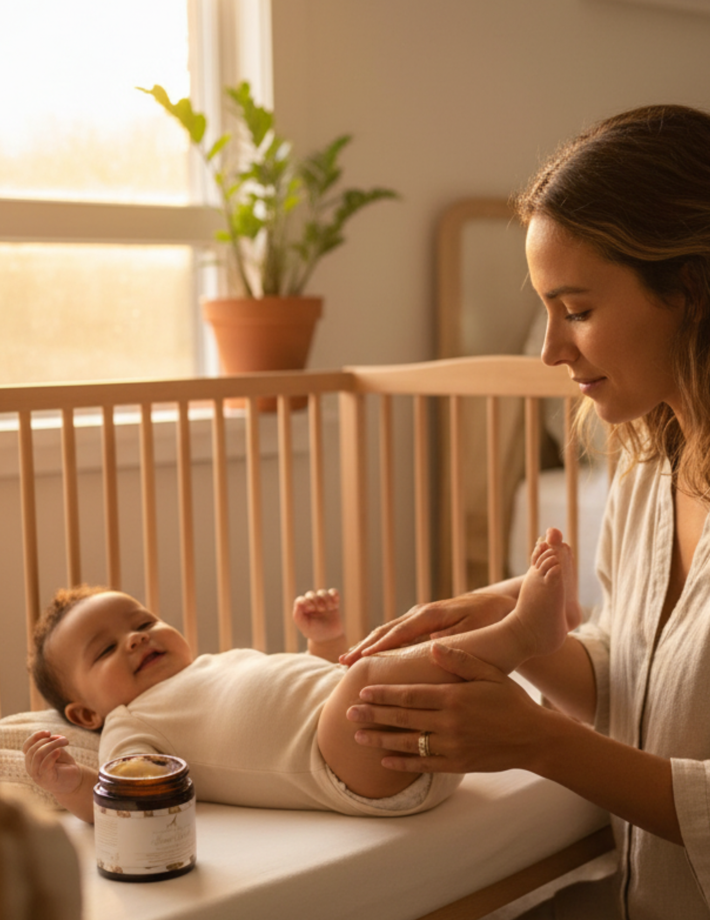 A mother interacting with her baby, applying Baby bare baby butter to baby's leg in a crib with the jar on the surface f the mattress.