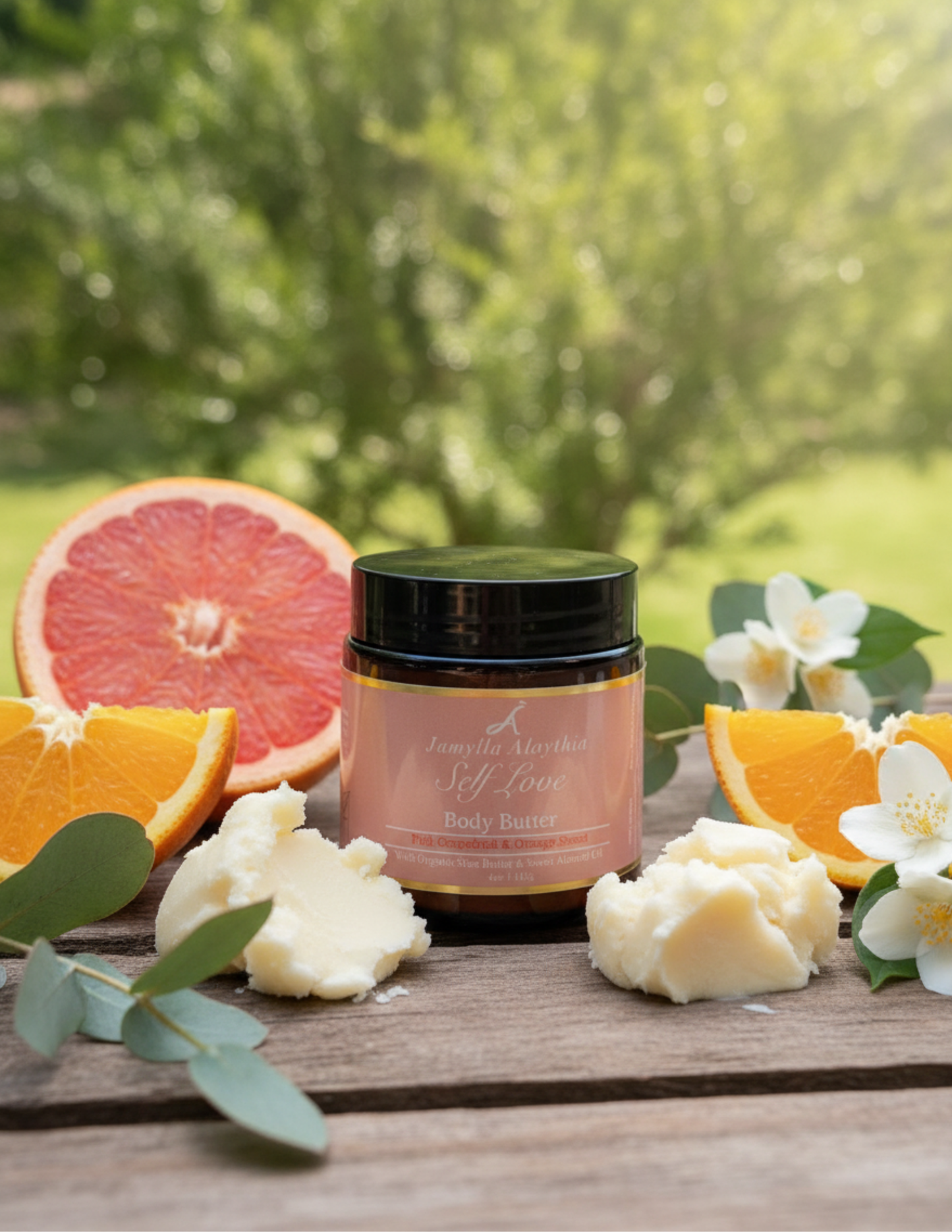 Amber glass Jar of self love body butter, with a pink label & with fruits of orange and grapefruit, shea butter and flowers on a wooden surface and a natural background with green trees.