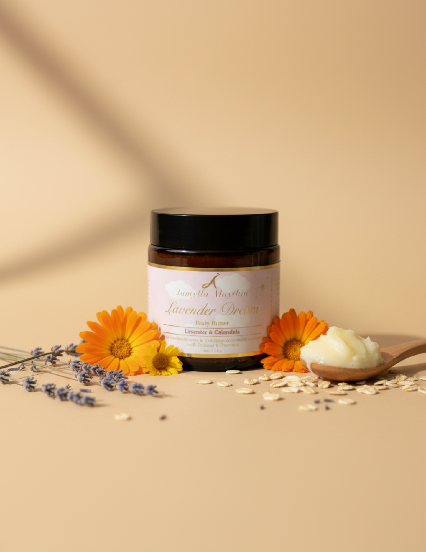 An Amber glass Jar with a black lid of Lavender dream whipped body butter with Lavender, calendula flowers, Oatmeal and a wooden spoon with a scoop of shea butter on it, on a beige background