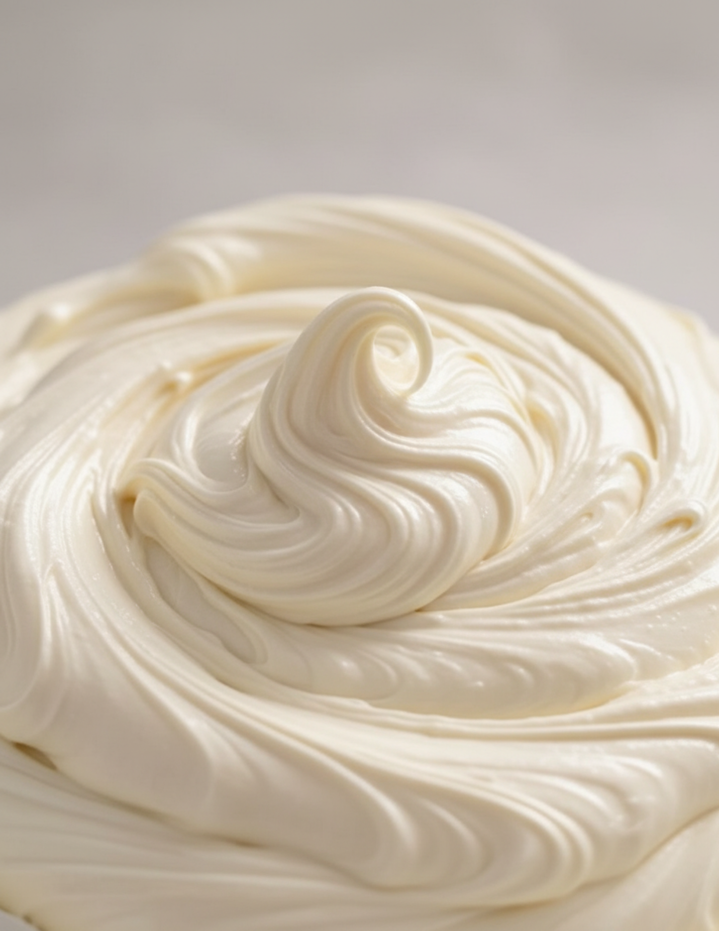 Close-up of creamy white whipped vanilla body butter with a swirl pattern on a light background