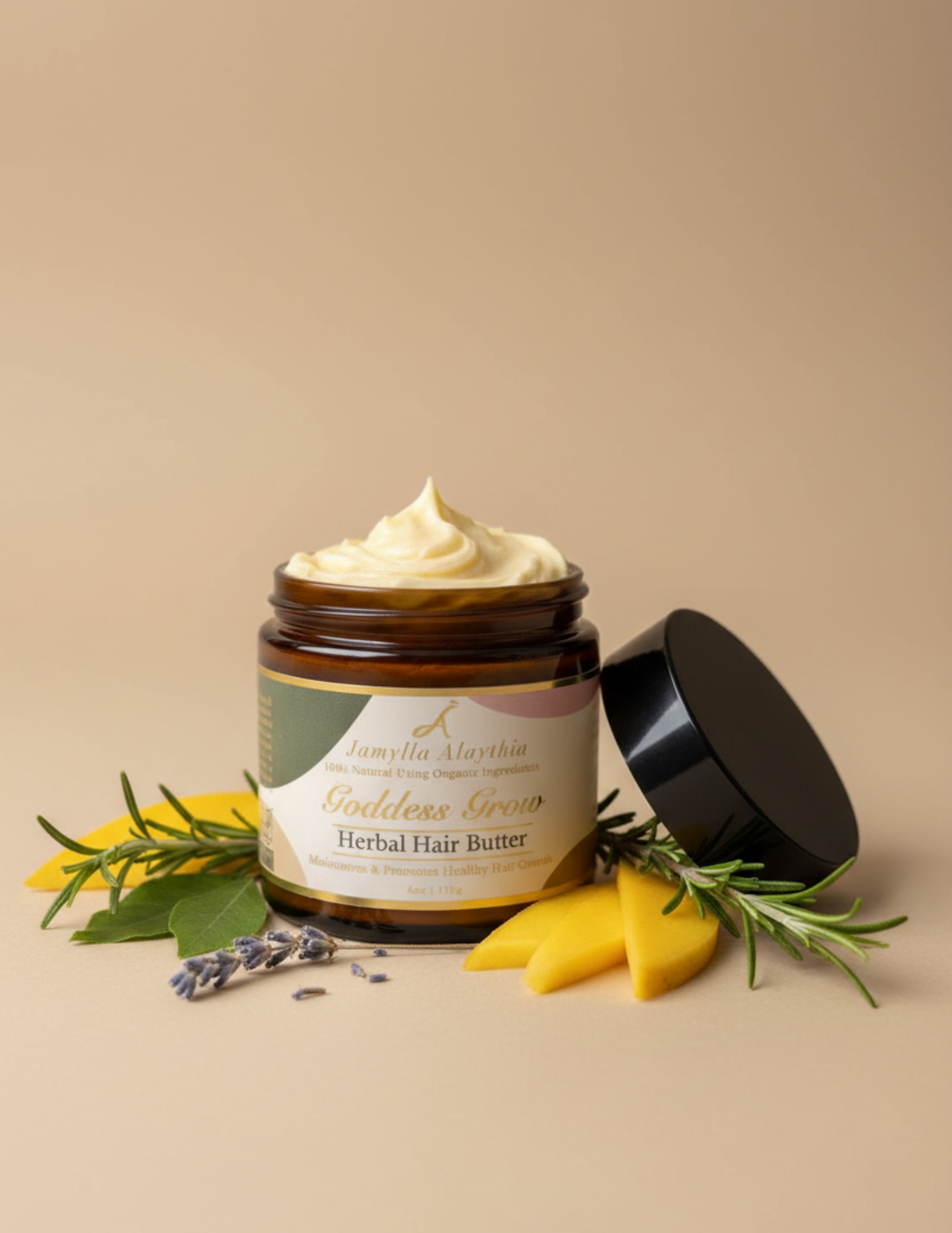 Jar of herbal hair butter with a decorative label and botanical ingredients on a beige background