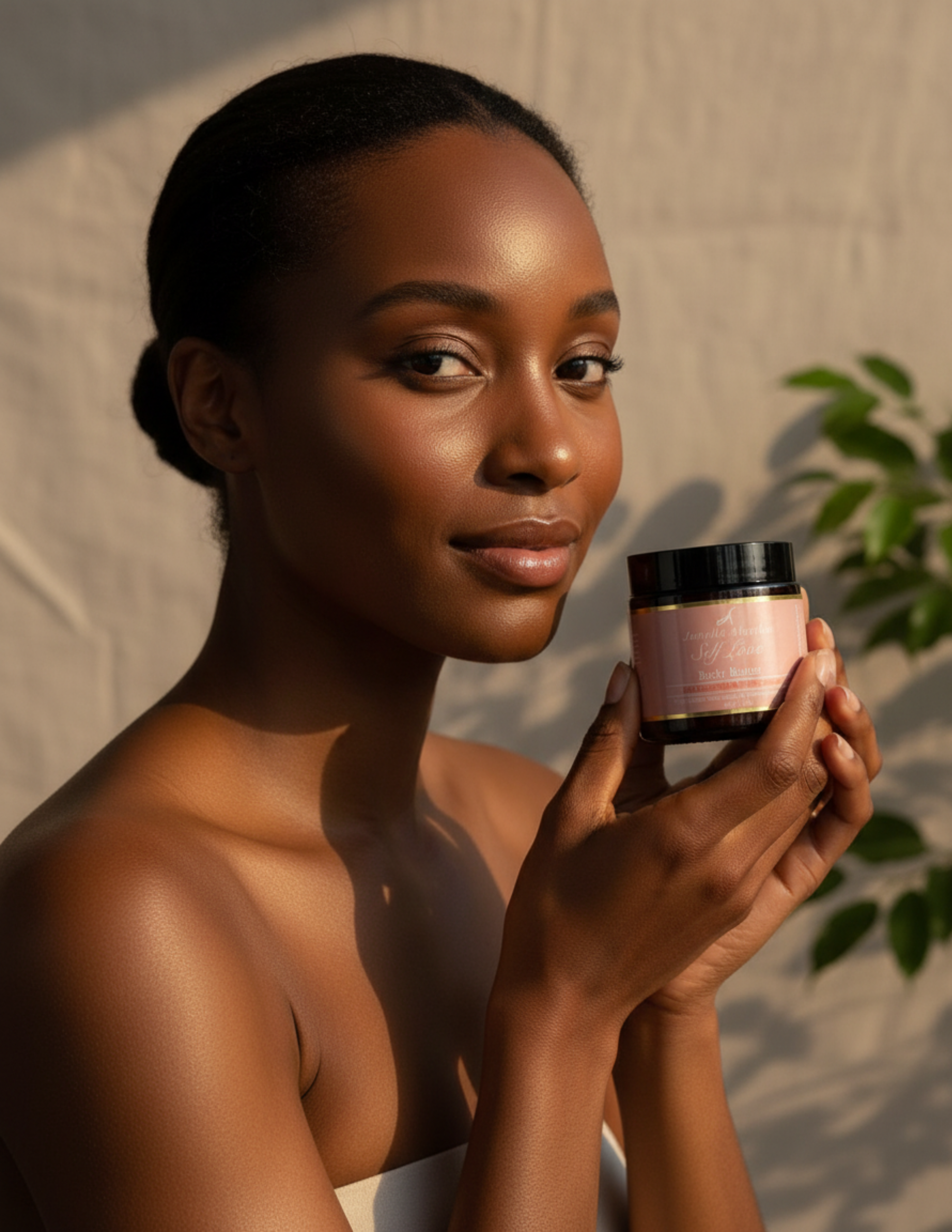 Black Woman with her hair tied back in a low bun,  holding a amber glass jar of self love body butter with a pink label and black lid, against a neutral background with a green plant.
